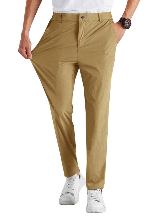 Runcati Mens Stretch Golf Pants Casual Slim Fit Dress Pants Elastic Waist Tapered Work Cropped Trousers Brown - Image 1